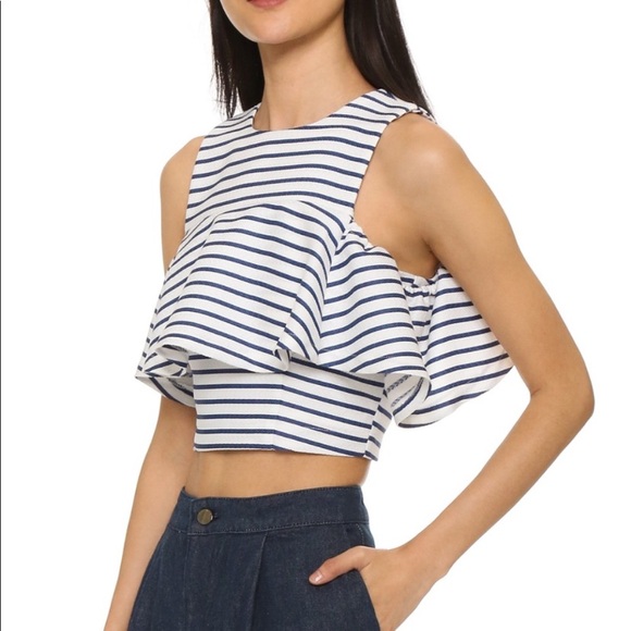 White and blue striped ruffled crop top top size XS by J.O.A - Picture 2 of 8